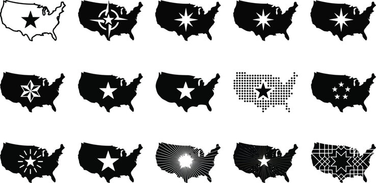 Verschiedene stilisierte Karten der USA mit Sternsymbolen und Mustern in Schwarz-Wei&szlig;.