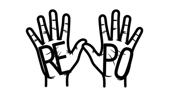 Hands forming the word repo in black and white against a white backdrop