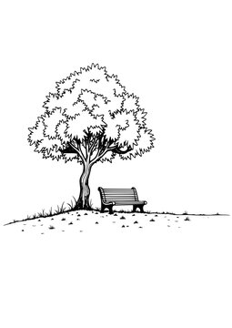 Tree and bench in a tranquil setting, monochrome illustration, minimalistic style, copy space