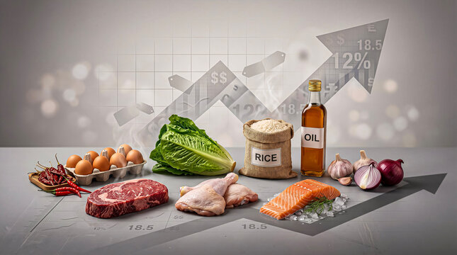 Food Inflation and Rising Price Trend with Groceries and Upward Arrow Graph. The composition represents rising food prices, increasing cost of living, and global economic pressure.