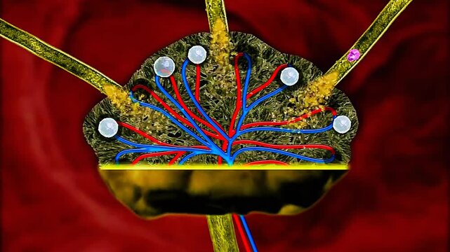 3D animation showing lymphatic system with lymph flow, nodes, and immune defense functions.