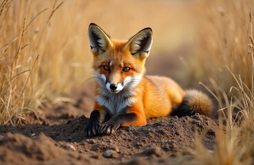 Fototapeta premium Cute young red fox rests in agricultural field during sunset. Wild mammal lies on dirt path near dry grass. Animal looks at camera with curious eyes.
