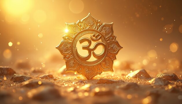 Golden Om symbol adorns sandy ground with soft sunlit bokeh. Sacred Hindu mantra represents spiritual harmony. Represents meditation yoga and inner peace. Aum sacred sound for enlightenment.