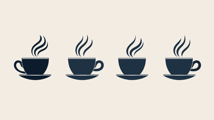 Obraz premium Four stylized, dark-colored coffee cups with steam rising, on saucers, against a light backdrop