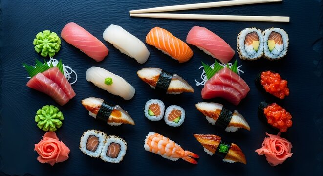 Assorted sushi and sashimi platter on dark slate background
