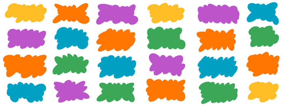 Colorful cloud shapes bubble for frame set. Naive fluffy speech and label stickers. Promo badge cute for flat design. Childish funky blobs callouts for messages. Vector fluffy label for promotion.