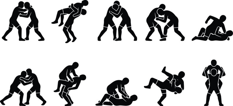 Eine Sammlung von zehn schwarzen Silhouetten, die verschiedene Wrestling-Posen und Kampftechniken zwischen zwei Athleten darstellen.