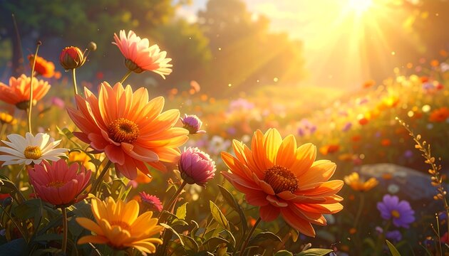 Vibrant flowers bask in warm sunlight in a serene garden