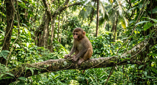 A baby monkey sits on a tree branch in a lush forest