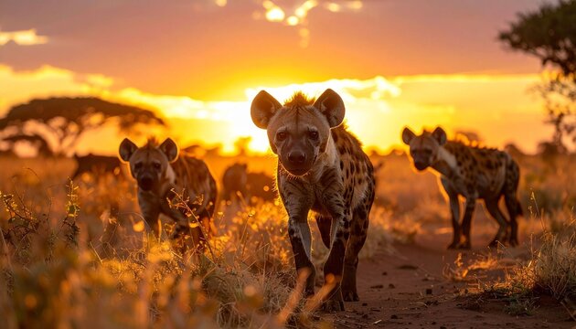 Hyenas walking at sunset
