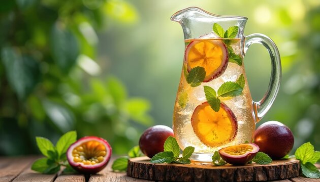 Pitcher filled with passion fruit drink and mint leaves rests on wood. Fresh passion fruits surround the beverage with ice cubes. Cool tropical liquid refreshment.