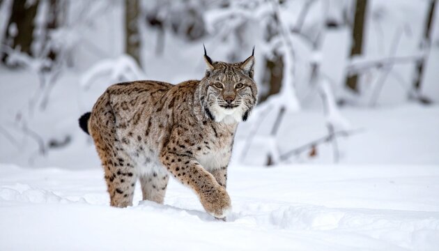 Lynx walking through snowy landscape