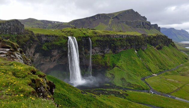 Majestic waterfall cascading down green hill