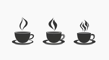 Obraz premium A white backdrop with three stylized, dark gray coffee cups emitting steam, side by side