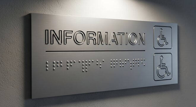 Modern metal information sign with braille and wheelchair accessibility symbols on a textured wall