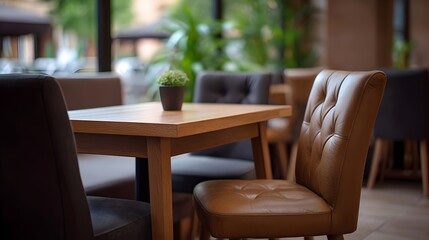 Fototapeta premium A stylish cafe interior featuring natural wood tables and comfortable upholstered seating ready for a peaceful gathering