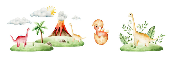 Scenes with dinosaurs, volcano eruption, baobab, pterodactyl, dino egg, clouds. Watercolor hand drawn prehistoric triceratops, diplodocus, Spinosaurus, Brachiosaurus animal. Isolated illustration on © Natalia