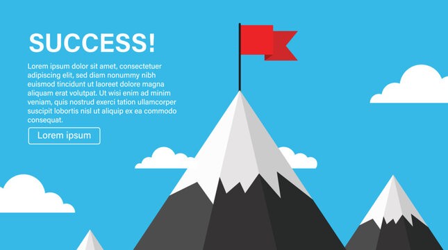 A victorious scene: a red flag waves atop a mountain peak.