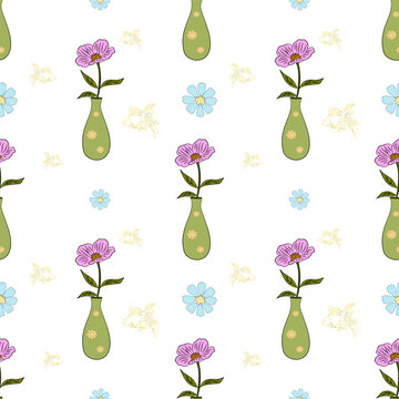 Geometric floral Seamless Pattern with Pastel and Retro Botanical Motifs