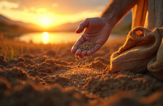 Man sows seeds in tilled earth at golden sunset. Hand drops grain from burlap sack onto soil near water. Represents faith hope growth and new beginnings in agriculture.
