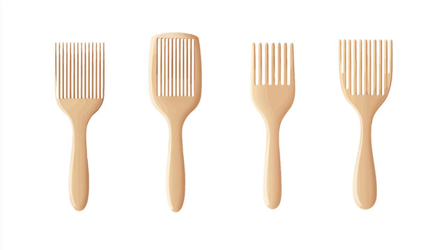 A collection of four wooden hair picks in various designs, all on a white background
