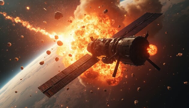 Space station explodes near planet Earth. Flaming debris orbits world. Solar panels break apart. Fiery impact sends shrapnel flying through dark void.