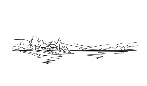 Continuous one line rural landscape with lake house and forest panoramic self drawing animation style vector