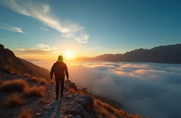 Fototapeta premium Solo hiker walks mountain path above clouds at sunrise. Man with backpack enjoys stunning sunrise landscape. Active person explores mountain peak, sees sea of clouds.