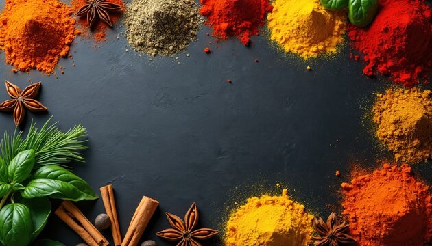 Colorful spice powders like turmeric, paprika, and cumin border dark surface with star anise, cinnamon sticks, and fresh basil. Ingredients for cooking and seasoning arranged for recipe or food blog.