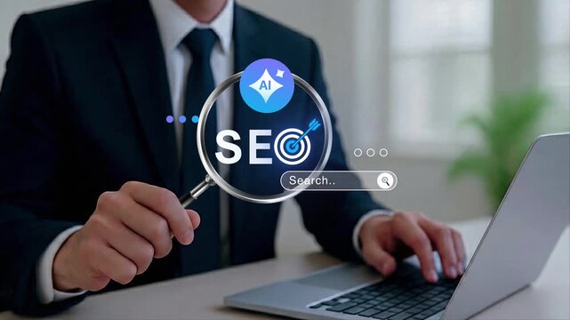 AI SEO Analysis and Keyword Research. magnifying glass over digital search interface, ai powered search engine optimization and keyword research strategy for online marketing growth