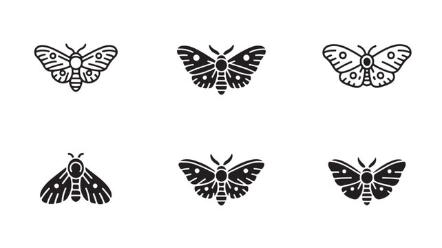 Collection of six minimalist moth and butterfly line art icons on a plain white background