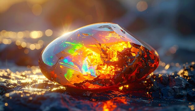 Radiant amber gem on dark stones