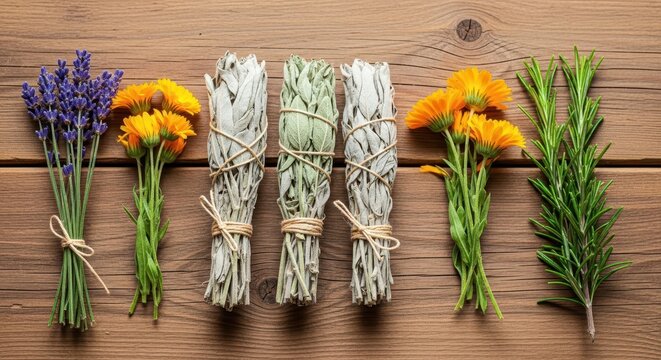 Dried sage bundles and associated medicinal plants arranged neatly on a rustic wooden table, ready for traditional herbal remedy preparation, dried, white, smudging