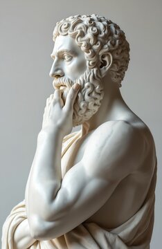 White marble statue bust of thoughtful bearded man touching chin. Ancient Greek figure for art, history, math, philosophy concepts. Clean studio background with copy space.