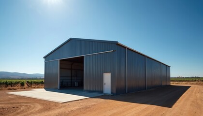 Fototapeta premium Large gray metal building in rural landscape. Open doors reveal interior storage space. Vineyard rows visible nearby under clear blue sky. This structure is functional and modern.