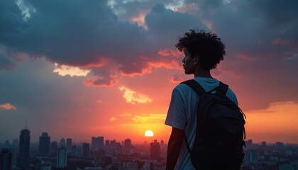 Fototapeta premium Man with backpack gazes at city skyline during sunset. Clouds paint sky with orange and pink hues. Solitary figure enjoys peaceful view, contemplating life journey.