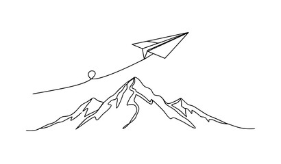 Paper plane and mountain continuous one line drawing vector travel airline minimalist outline concept © Suchana