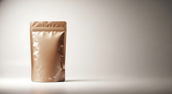 Brown shiny resealable pouch packaging on a neutral background for product display
