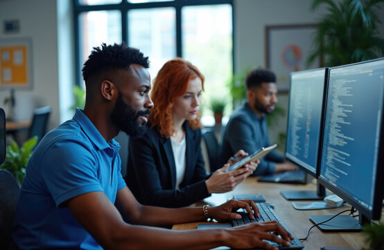 Diverse tech team works in office on complex code. Programmers collaborate using computers and tablets. Developers write software, build algorithms, create interfaces, analyze data.