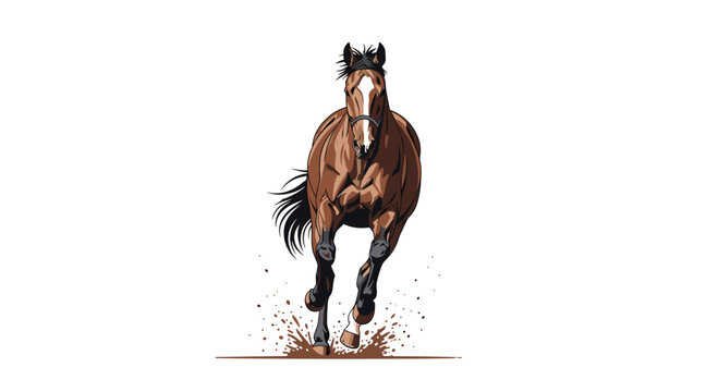 A powerful brown horse with a distinctive white facial blaze gallops energetically toward the viewer while kicking up dynamic splashes of dark brown mud.