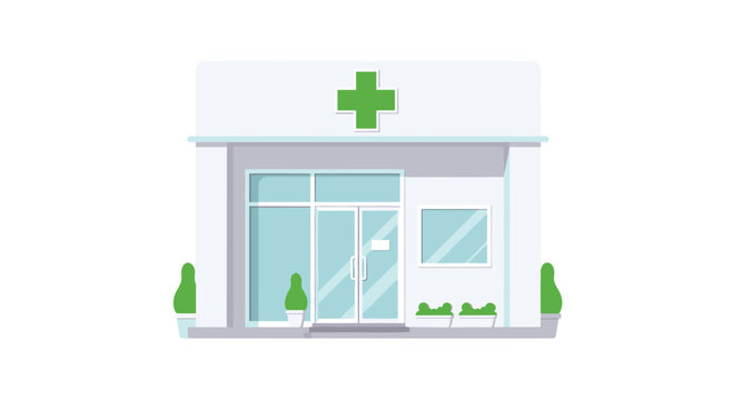 A pristine white pharmacy storefront displays a bright green medical cross symbol above its glass double doors and minimalist green landscaping.