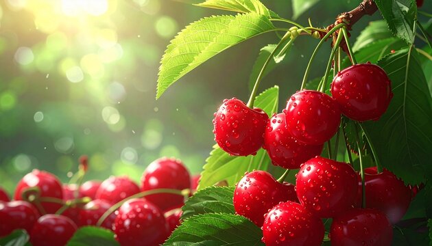 Cerezas rojas frescas en primer plano con hojas verdes y textura brillante cherry