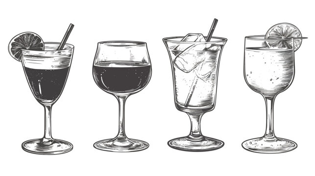 Four drinks drawn in grayscale. Cocktails, wine, iced drinks, each in different glasses