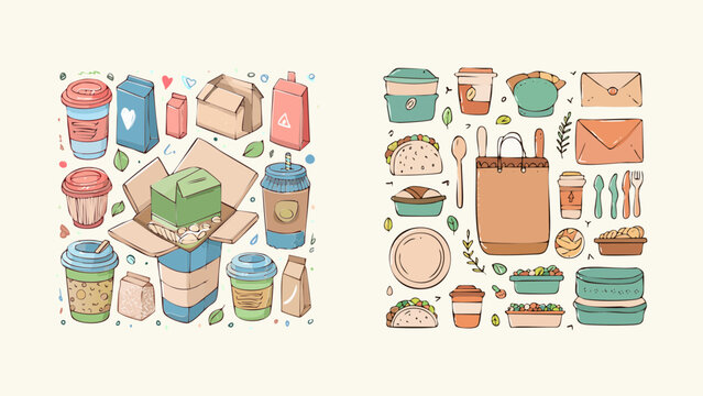 Eco-friendly food packaging and sustainable delivery solutions, illustrated with various takeout containers, coffee cups, and meal kit boxes for responsible consumption