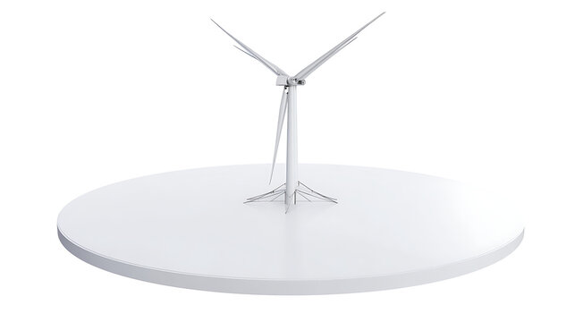 3d illustration of a modern wind turbine model on a white circular platform for renewable energy