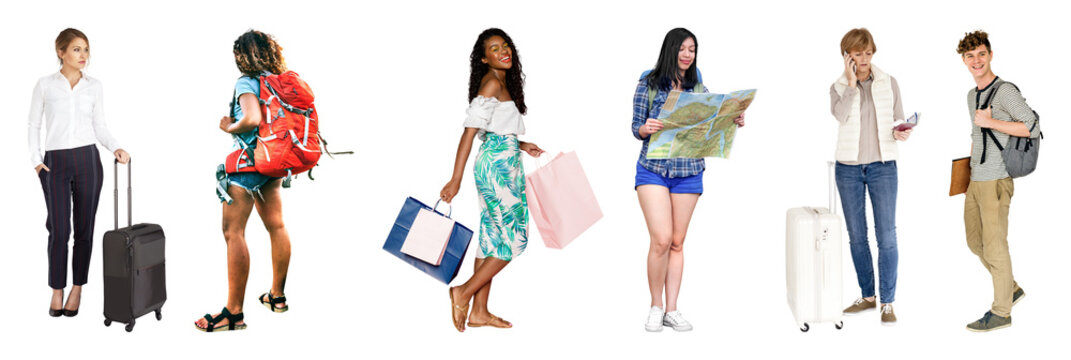 PNG Diverse travelers with luggage on transparent background