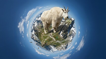 Naklejka premium Mountain goat standing on a small planet created from a panoramic mountain range, eating vegetation against a clear blue sky, symbolizing ecological balance and natural habitats