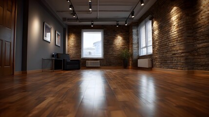 Fototapeta premium Spacious loft interior featuring polished hardwood flooring and dramatic exposed brick walls illuminated by natural light