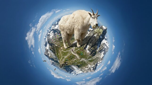 Mountain goat standing on a small planet created from a panoramic mountain range, eating vegetation against a clear blue sky, symbolizing ecological balance and natural habitats