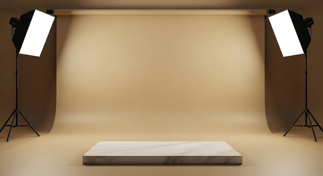 Professional studio setup with textured marble podium, illuminated by softbox lights on stands, creating a neutral backdrop for product displays and creative photography.